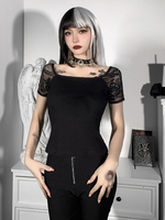 Chemisier Femme Noir Col Carré Manches Longues Dentelle T-shirt Gothique