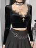 Chemisier Femme Noir Col Chérie Manches Longues Dentelle Coton T-shirt Gothique