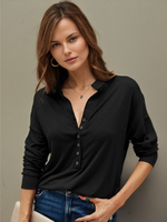 Chemisier Femme Noir Col Rabattu Décontracté Boutons Manches Longues Tops