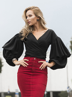 Chemisier Femme Noir Polyester Col V Convertible Chic À Lacets Top Manches Longues