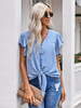 Chemisier Femmes Bleu Ciel Clair Boutons Noué Col En V Chic Manches Courtes