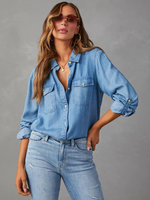 Chemisier Femmes Bleu Denim Col Rabattu Boutons Poches Manches Longues
