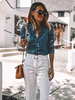 Chemisier Femmes en Denim à Col Revers Courte avec Manches Longues Fermeture avec Boutons Unicolore Chemisier Femmes