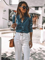 Chemisier Femmes en Denim à Col Revers Courte avec Manches Longues Fermeture avec Boutons Unicolore Chemisier Femmes