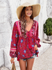 Chemisier Femmes Rouge Polyester Col En V Décontracté Fleurie Bohème À Manches Longues