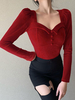 Chemisier Gothique Femme Bordeaux Élégant Polyester Col Carré À Manches Longues Haut Sexy