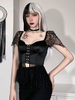 Chemisier gothique femme col carré manches courtes œillets en dentelle noire T-shirt gothique en polyester