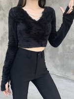 Chemisier gothique femme noir col en V à manches longues en polyester haut sexy