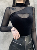 Chemisier gothique pour femmes en polyester noir à col haut à manches longues et hauts sexy
