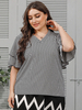 Chemisier grande taille pour femme à col en V à manches courtes à rayures surdimensionné en polyester décontracté T-shirt noir