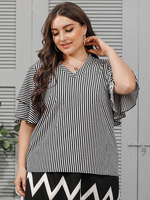 Chemisier grande taille pour femme à col en V à manches courtes à rayures surdimensionné en polyester décontracté T-shirt noir