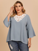 Chemisier grande taille pour femme bleu gris col en cœur manches 3/4 surdimensionné Polyester T-Shirt décontracté