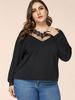 Chemisier grande taille pour femme T-shirt noir décontracté à col en V et à manches longues en polyester