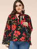 Chemisier grande taille pour femme T-shirt noir décontracté à col en V et manches longues en polyester imprimé floral