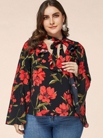 Chemisier grande taille pour femme T-shirt noir décontracté à col en V et manches longues en polyester imprimé floral