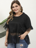 Chemisier grande taille pour femme T-shirt noir en dentelle à manches courtes et col bijou