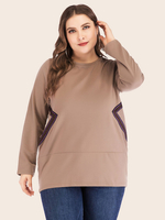 Chemisier grande taille pour femme T-shirt surdimensionné en coton à manches longues et à col bijou marron café