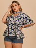 Chemisier grande taille pour femme T-shirt surdimensionné en polyester à col en V bleu profond à demi-manches à imprimé floral