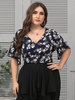 Chemisier grande taille pour femmes bleu profond col en v manches courtes imprimé floral à lacets surdimensionné en polyester chemisier décontracté