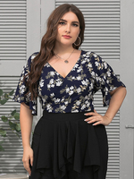 Chemisier grande taille pour femmes bleu profond col en v manches courtes imprimé floral à lacets surdimensionné en polyester chemisier décontracté