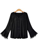 Chemisier grande taille pour femmes noir col en cœur manches longues évasées frange surdimensionné Polyester T-Shirt dété décontracté