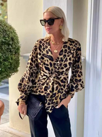 Chemisier imprimé léopard avec détails noués col en V manches lanternes pour femme 2025