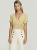 Chemisier jaune pour femme à motif floral à col en V et à manches courtes en polyester