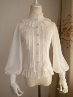 Chemisier Lolita en mousseline de soie blanc Manches longues Gigot Volants Col montant