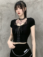 Chemisier Lolita gothique noir pour femmes à lacets manches courtes Top Lolita Chemise noire Lolita