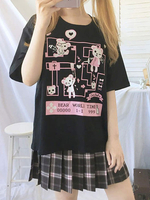 Chemisier Lolita pour femme T-shirt décontracté en polyester noir à manches courtes et col bijou