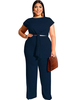 Chemisier noir de grande taille; pantalon long; ensemble de 2 pièces; col bijou; manches courtes; t-shirt à lacets; tenue dété