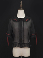 Chemisier noir doux nœud rouge Lolita manches mi-longues en dentelle à volants Chemise Lolita