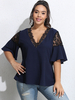 Chemisier noir grande taille pour femme T-shirt décontracté surdimensionné à col en V et manches évasées en dentelle