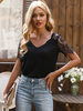 Chemisier noir pour femme à manches longues en polyester Boutons extensibles en dentelle T-shirt à col en V