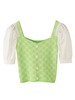 Chemisier pour femme à manches courtes T-shirt à col carré plissé imprimé vert