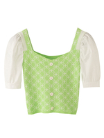 Chemisier pour femme à manches courtes T-shirt à col carré plissé imprimé vert