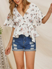 Chemisier pour femme blanc imprimé floral col en V décontracté demi-manches hauts en polyester
