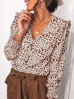 Chemisier pour femme blanc imprimé léopard col en V décontracté manches longues polyester chemise dété