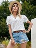 Chemisier pour femme blanc irrégulier découpé à volants col en v décontracté manches courtes polyester