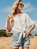 Chemisier pour femme blanc noué découpé col bijou décontracté manches courtes polyester t-shirt surdimensionné