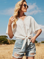 Chemisier pour femme blanc noué découpé col bijou décontracté manches courtes polyester t-shirt surdimensionné