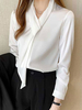 chemisier pour femme Blanc Polyester Col en V Décontracté Manches longues Tops