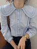 chemisier pour femme Bleu bébé Polyester Décolleté Décolleté Décontracté Manches longues Tops