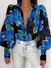 Chemisier Pour Femme Bleu Polyester Col Rabattu Classique Imprimé Boutons Manches Longues Tops