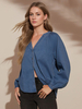 Chemisier pour femme en denim bleu col en V boutons chics manches longues