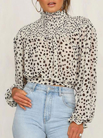 Chemisier pour femme en polyester blanc col bijou décontracté imprimé léopard à manches longues hauts