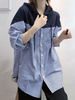 chemisier pour femme en polyester bleu profond à capuche Casual Stripes manches longues Tops