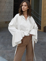 Chemisier pour femme en polyester écru et blanc col rabattu manches longues décontracté