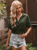 Chemisier pour femme Hunter Green Polyester encolure crantée surdimensionné décontracté plissé demi manches chemise dété