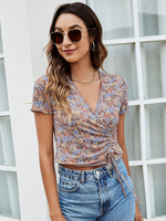 Chemisier pour femme Kaki Polyester Col en V Cordon de serrage Casual Floral Imprimé Cordon de serrage Manches courtes Tops dété